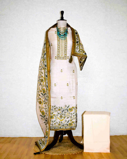 Premium Linen Floral Buta Suit Set with Printed Linen Dupatta -Olive Gold