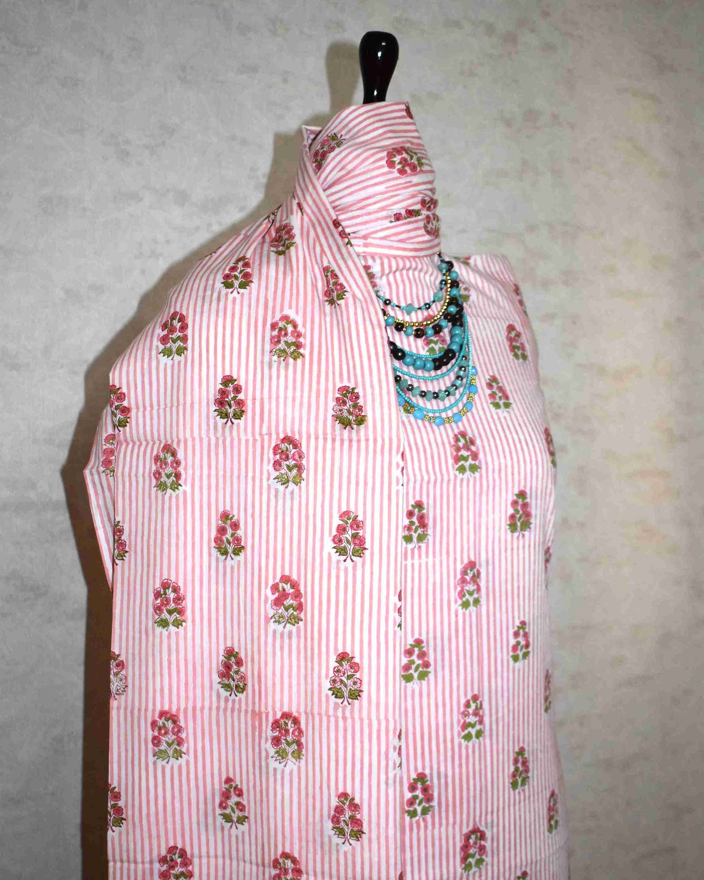Pink Floral Buti on Stripe Hand Block Printed Cotton Suit with Malmal Dupatta