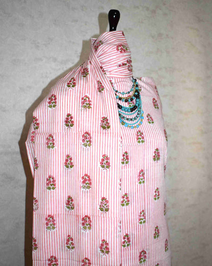 Pink Floral Buti on Stripe Hand Block Printed Cotton Suit with Malmal Dupatta