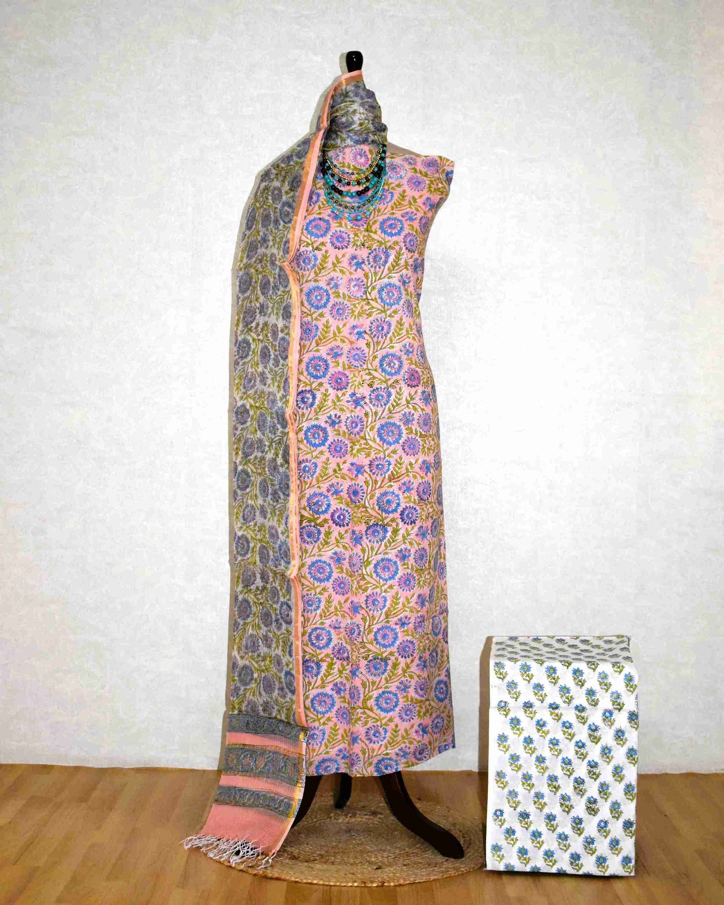 Blush Pink All-over Floral jaal Hand Block Printed Cotton Suit With Kota Doria Dupatta