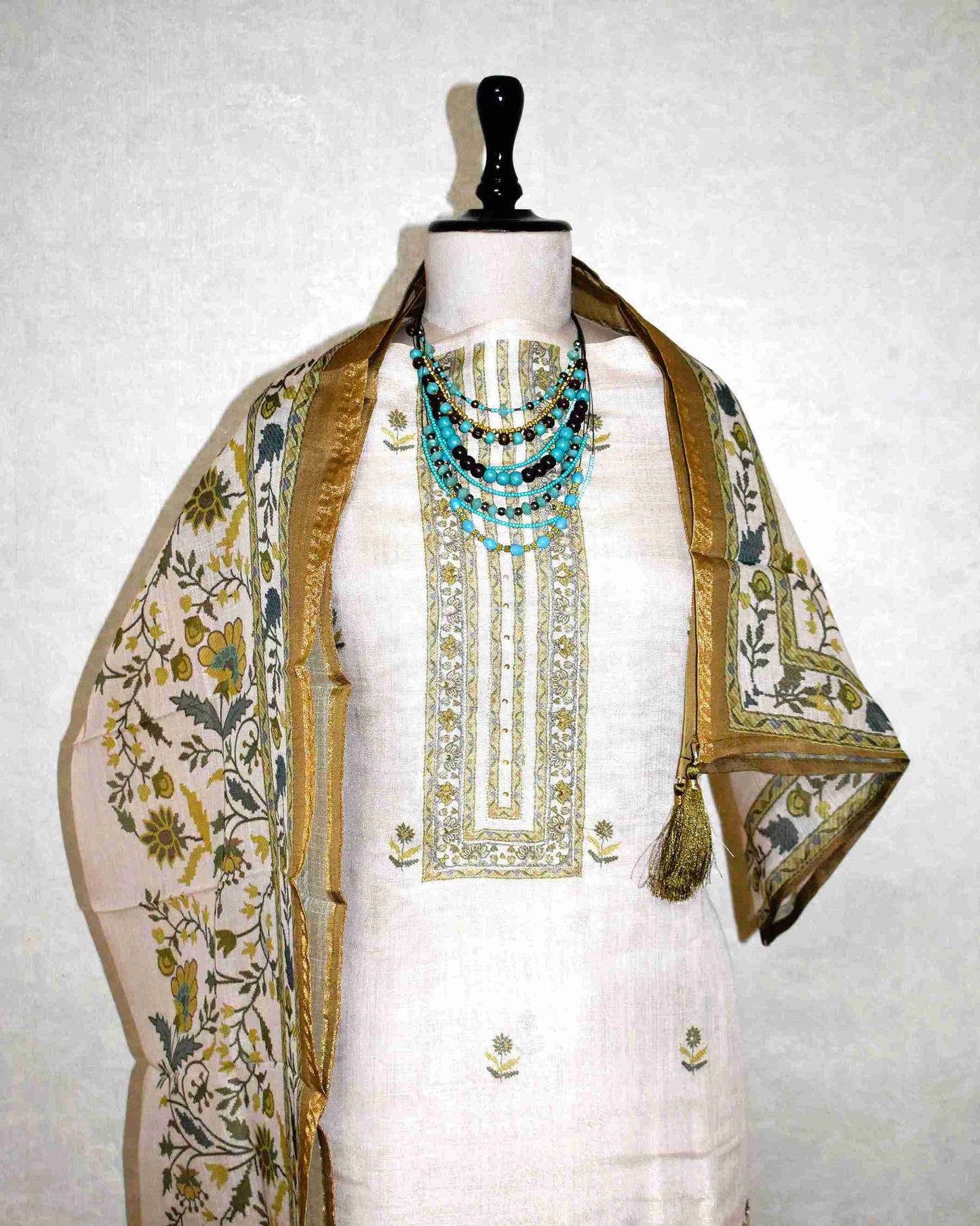 Premium Linen Floral Buta Suit Set with Printed Linen Dupatta -Olive Gold
