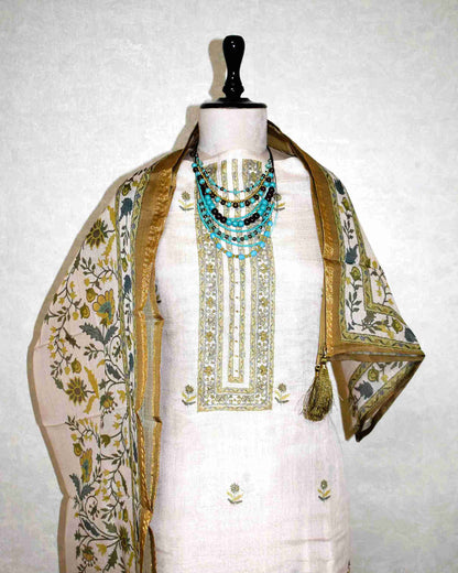 Premium Linen Floral Buta Suit Set with Printed Linen Dupatta -Olive Gold