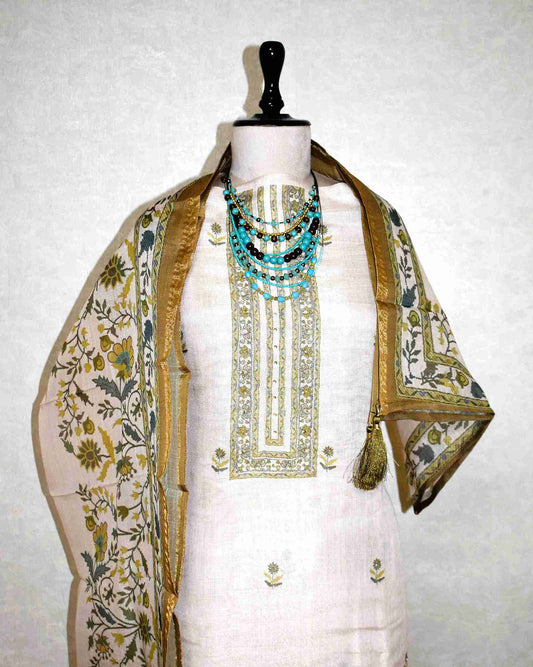 Premium Linen Floral Buta Suit Set with Printed Linen Dupatta -Olive Gold