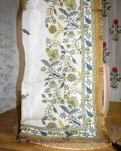 Premium Linen Floral Buta Suit Set with Printed Linen Dupatta -Olive Gold