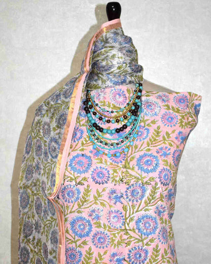 Blush Pink All-over Floral jaal Hand Block Printed Cotton Suit With Kota Doria Dupatta