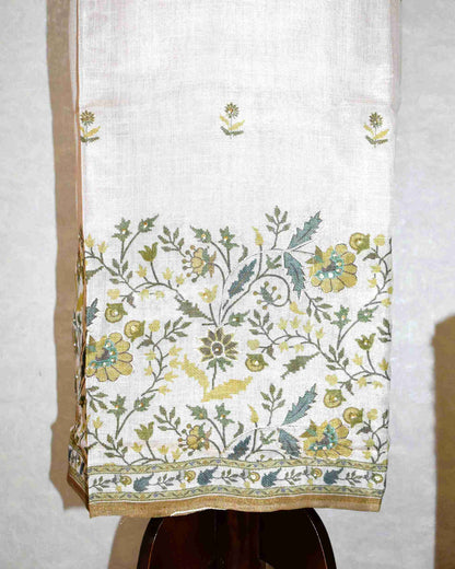 Premium Linen Floral Buta Suit Set with Printed Linen Dupatta -Olive Gold