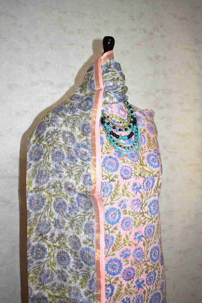 Blush Pink All-over Floral jaal Hand Block Printed Cotton Suit With Kota Doria Dupatta