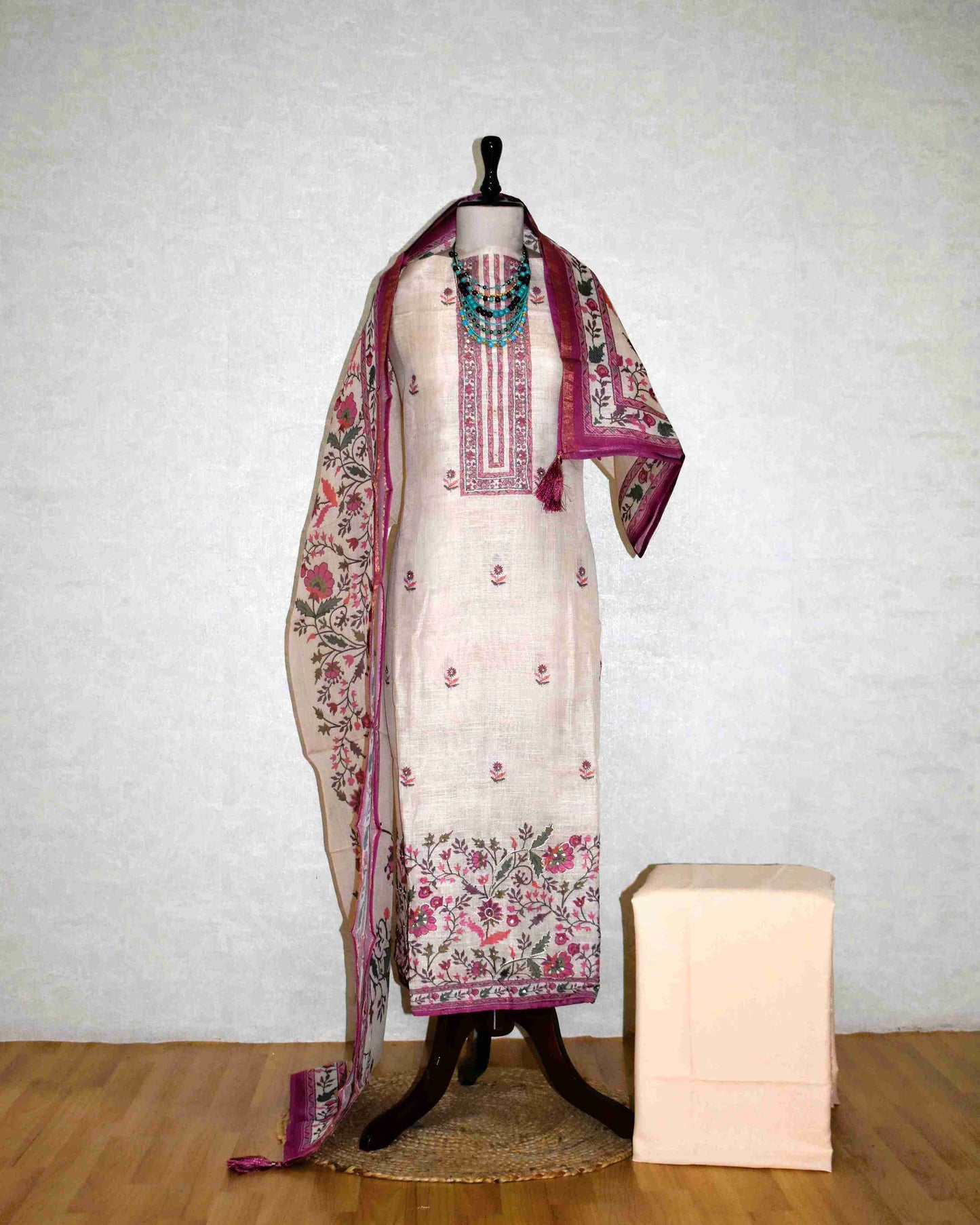 Premium Linen Floral Buta Suit Set with Printed Linen Dupatta - Berry Magenta