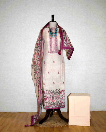 Premium Linen Floral Buta Suit Set with Printed Linen Dupatta - Berry Magenta