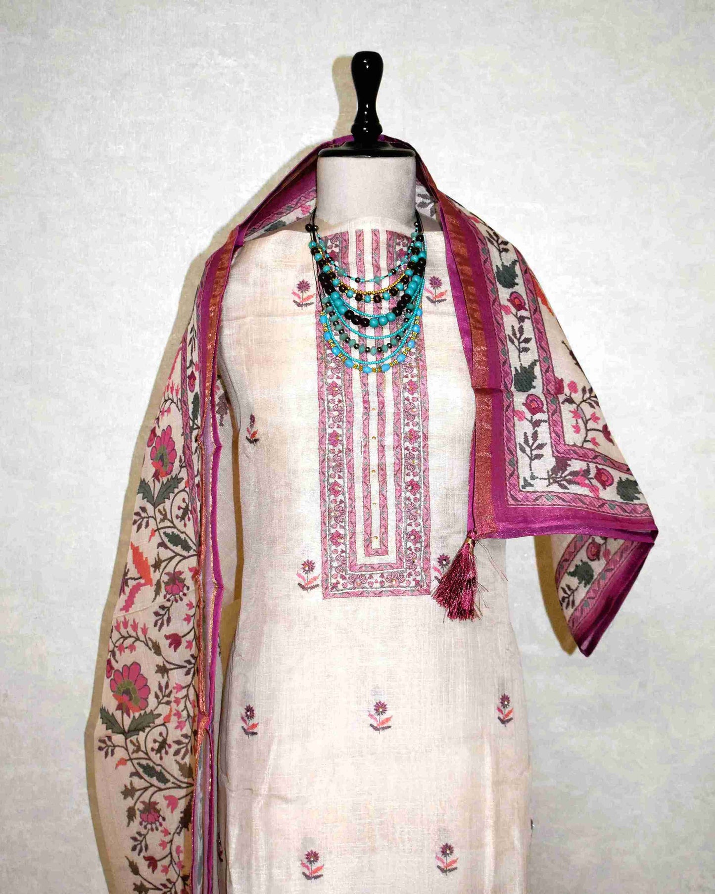 Premium Linen Floral Buta Suit Set with Printed Linen Dupatta - Berry Magenta