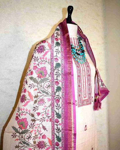 Premium Linen Floral Buta Suit Set with Printed Linen Dupatta - Berry Magenta