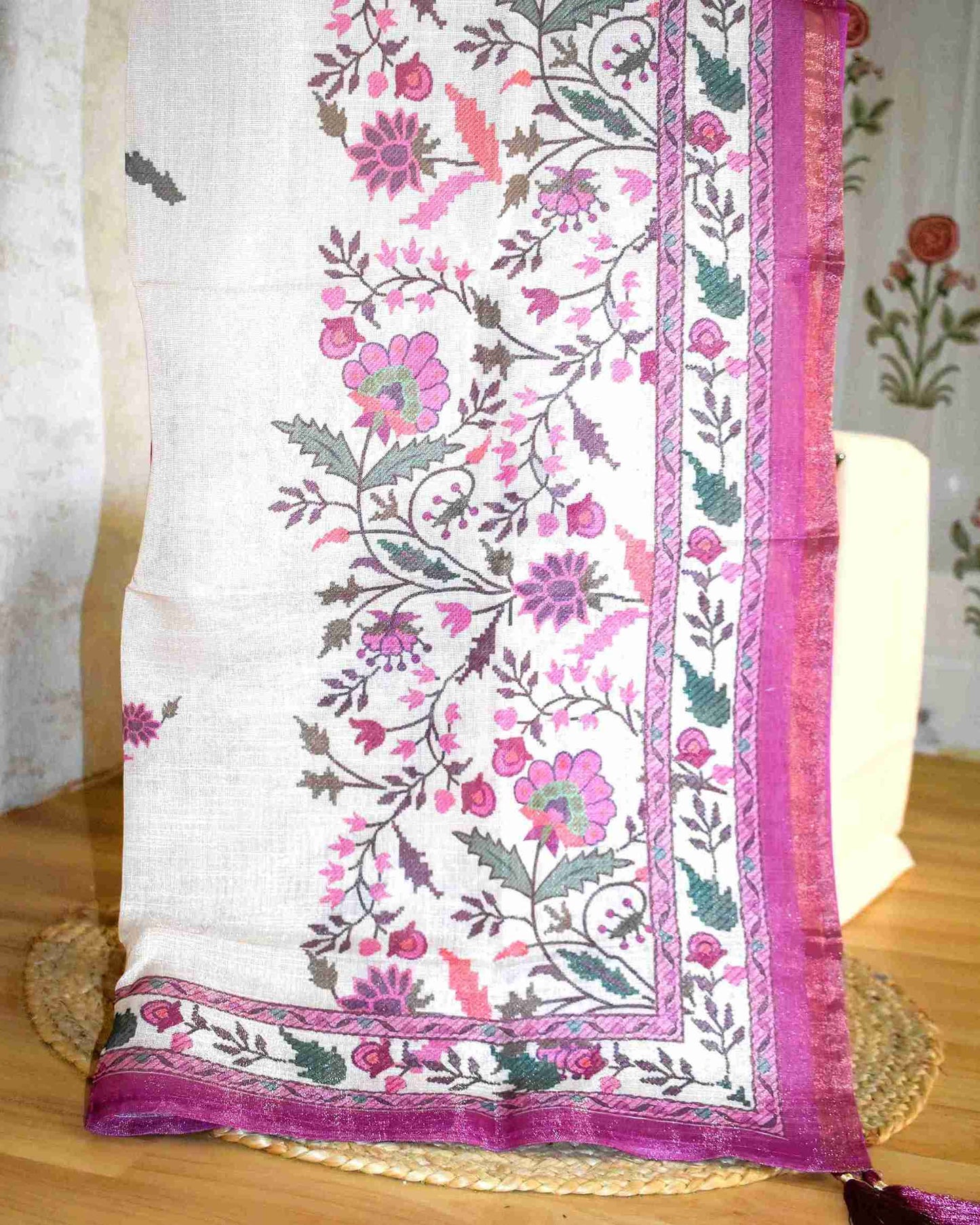 Premium Linen Floral Buta Suit Set with Printed Linen Dupatta - Berry Magenta