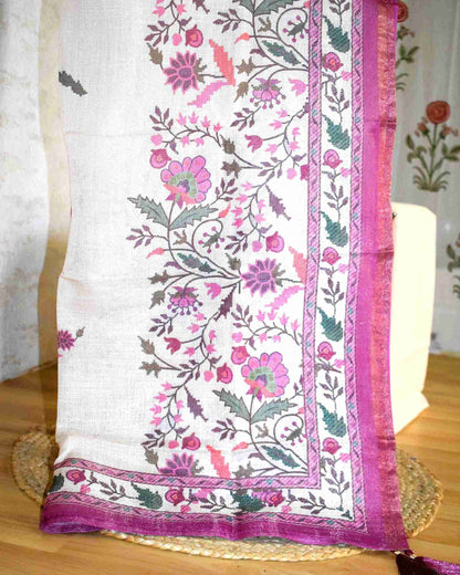 Premium Linen Floral Buta Suit Set with Printed Linen Dupatta - Berry Magenta