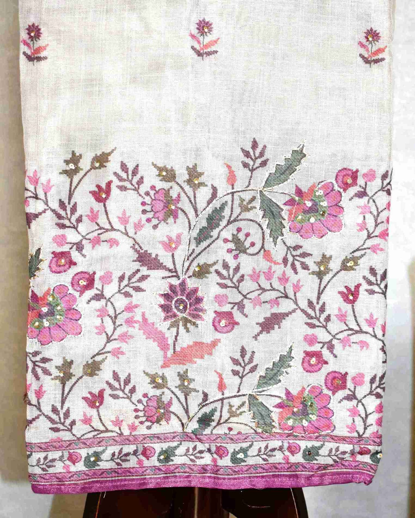 Premium Linen Floral Buta Suit Set with Printed Linen Dupatta - Berry Magenta