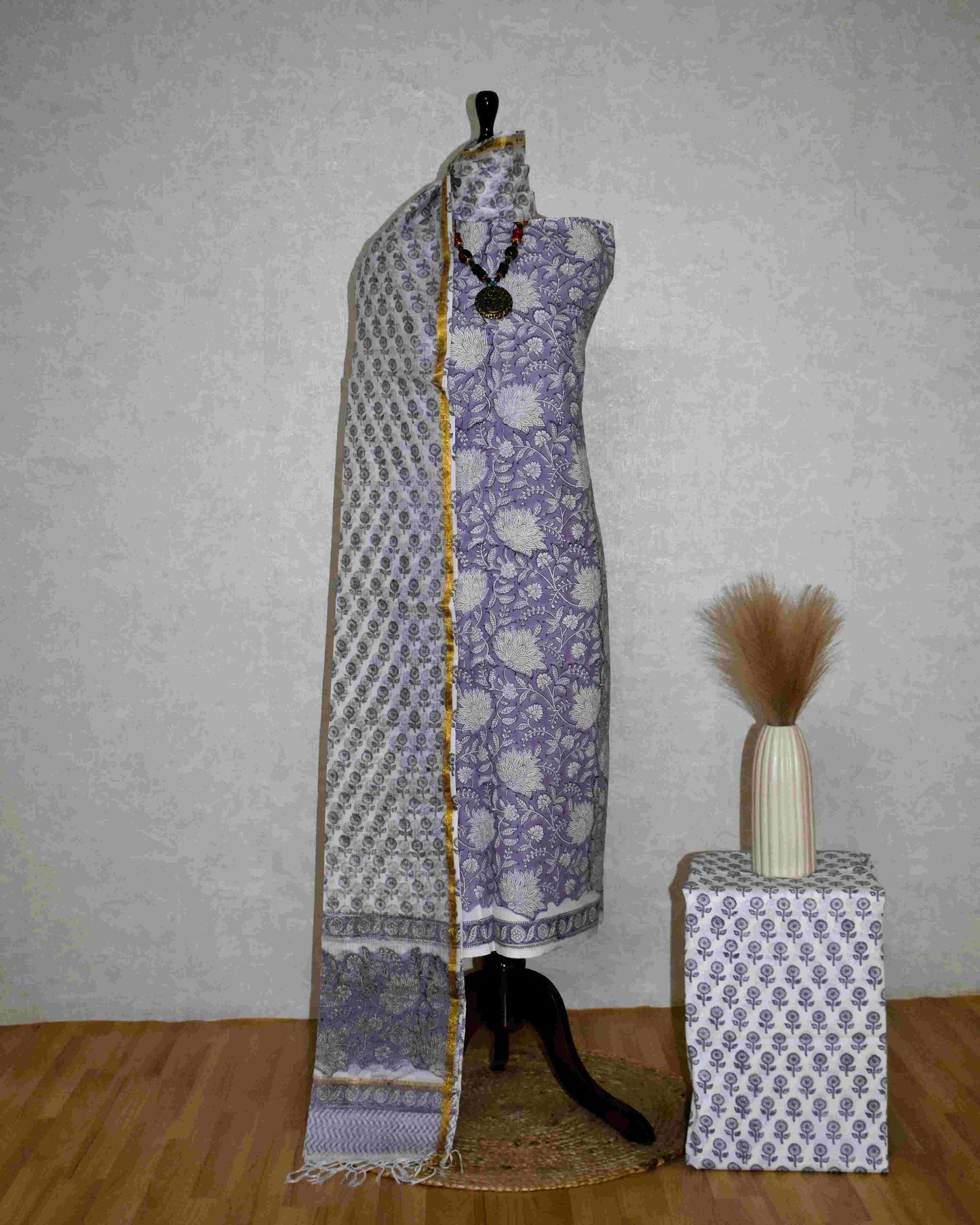 Botanical Jaal in Lavender Hand Block Printed Cotton Suit With Kota Doria Dupatta