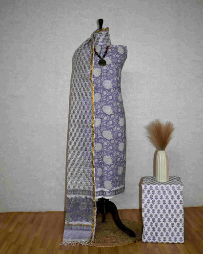 Botanical Jaal in Lavender Hand Block Printed Cotton Suit With Kota Doria Dupatta