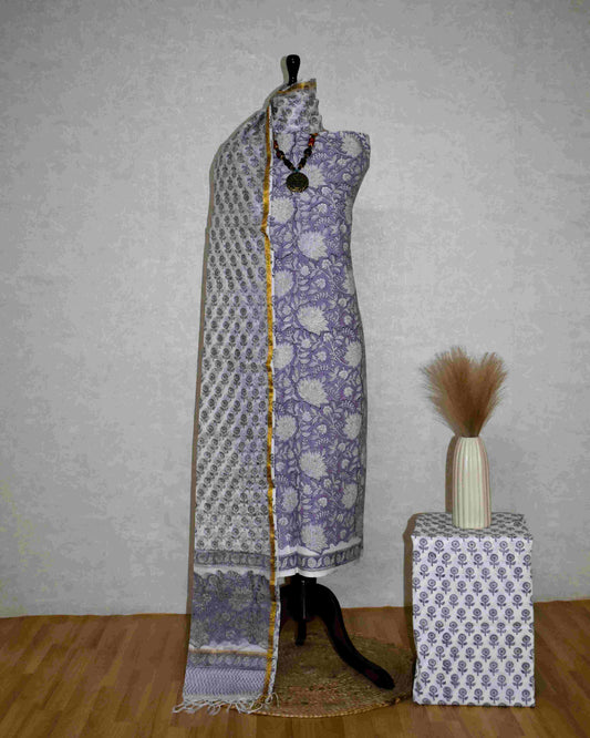 Botanical Jaal in Lavender Hand Block Printed Cotton Suit With Kota Doria  Dupatta