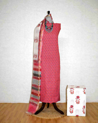 Red Hand Block Printed Premium Cotton Unstitched Suit with Floral Butis & Chanderi Silk Dupatta - Curated Edit (Copy)
