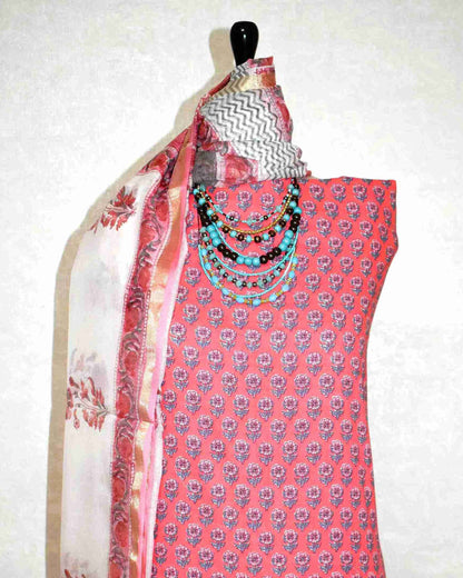 Red Hand Block Printed Premium Cotton Unstitched Suit with Floral Butis & Chanderi Silk Dupatta - Curated Edit (Copy)