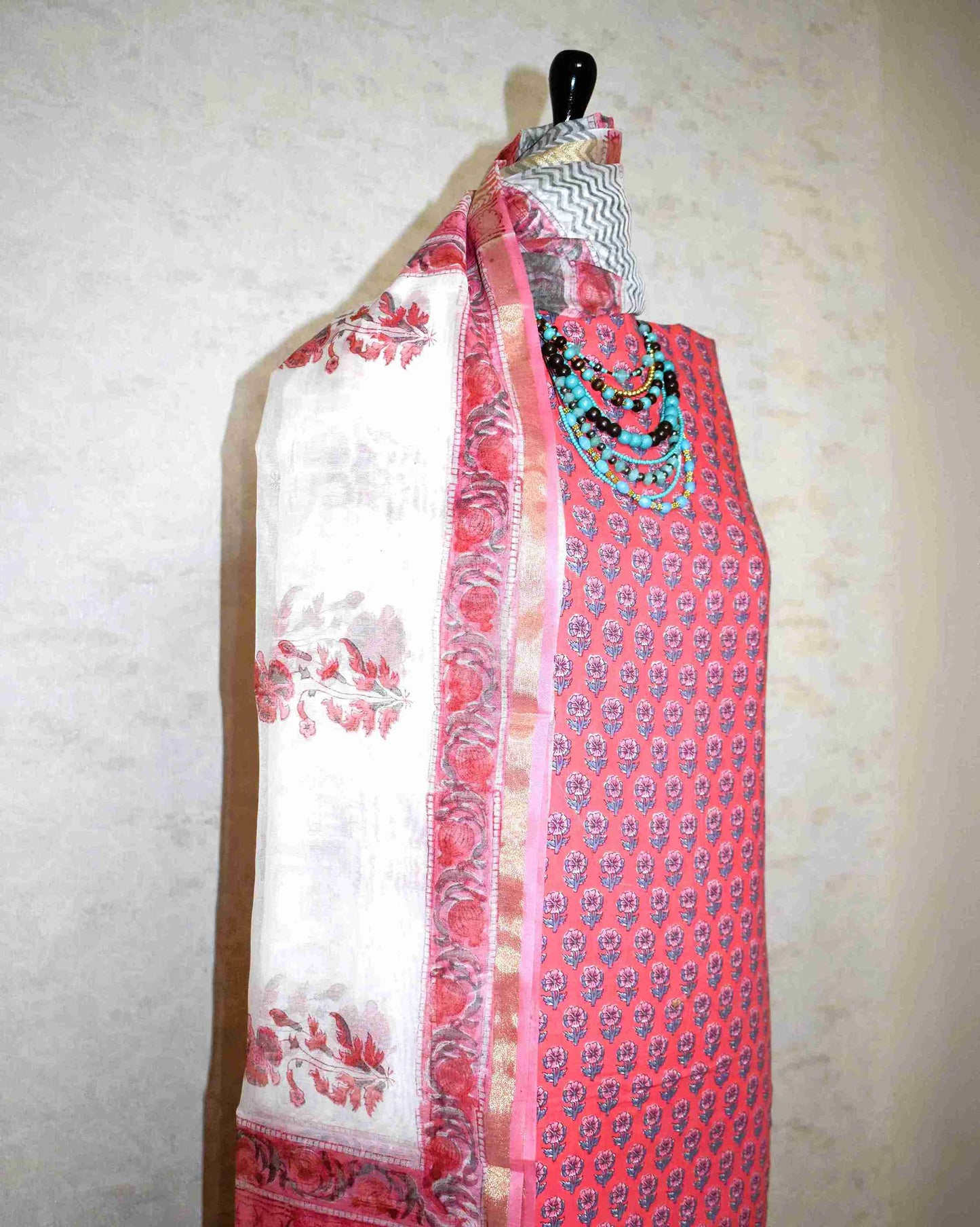 Red Hand Block Printed Premium Cotton Unstitched Suit with Floral Butis & Chanderi Silk Dupatta - Curated Edit (Copy)