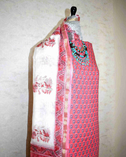 Red Hand Block Printed Premium Cotton Unstitched Suit with Floral Butis & Chanderi Silk Dupatta - Curated Edit (Copy)