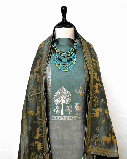 Premium Forest Green Jacquard Silk Suit Set with Woven Nature Motifs & Designer Dupatta