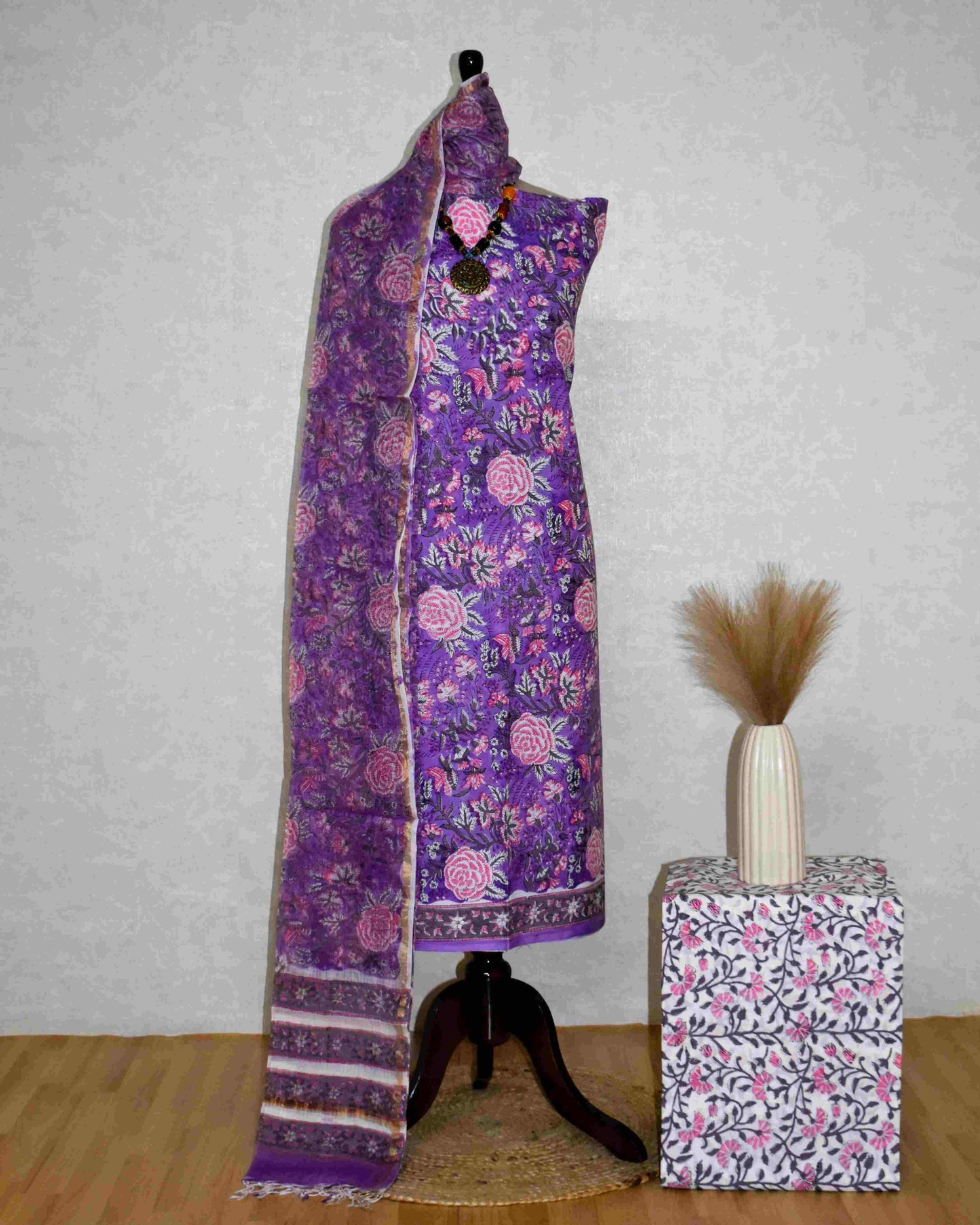 Purple Botanical Jaal in Hand Block Printed Cotton Suit With Kota Doria  Dupatta