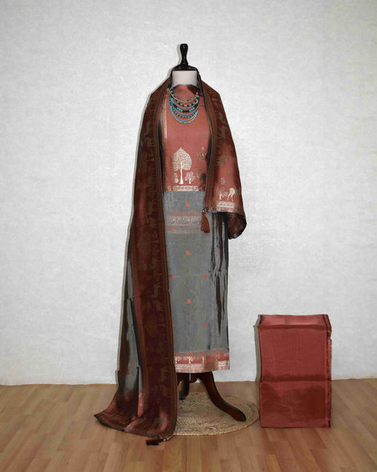 Premium Copper Brown Jacquard Silk Suit Set with Woven Nature Motifs & Designer Dupatta