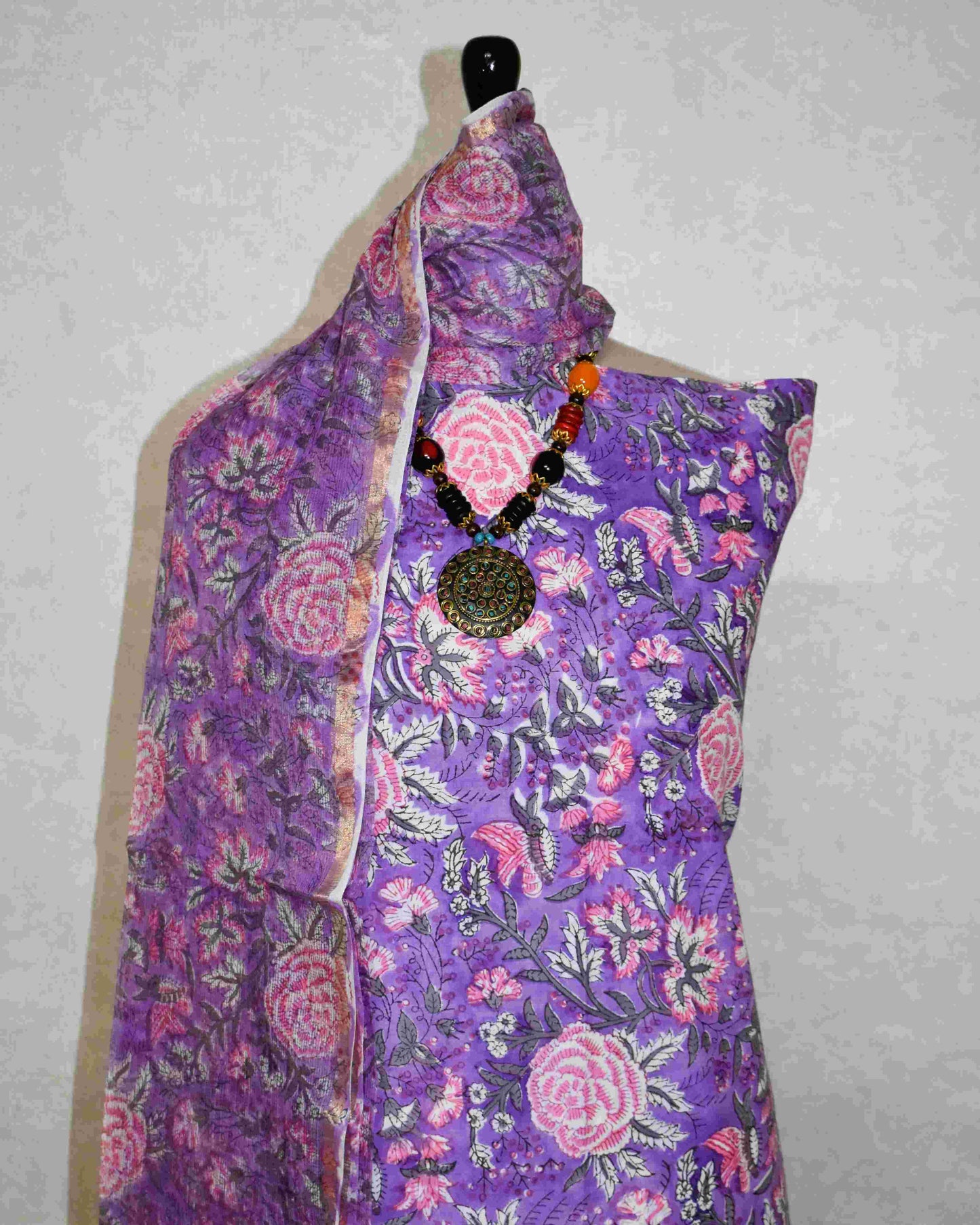 Purple Botanical Jaal in Hand Block Printed Cotton Suit With Kota Doria  Dupatta