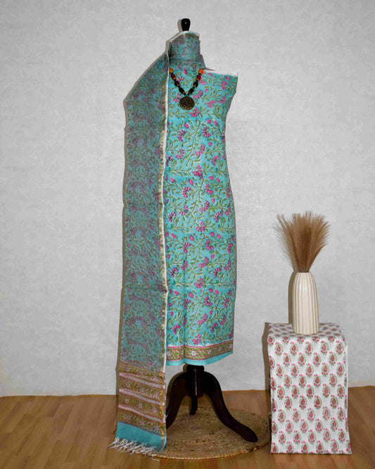 All-over Floral Jaal in Sky Blue Hand Block Printed Cotton Suit with Kota Doria Dupatta