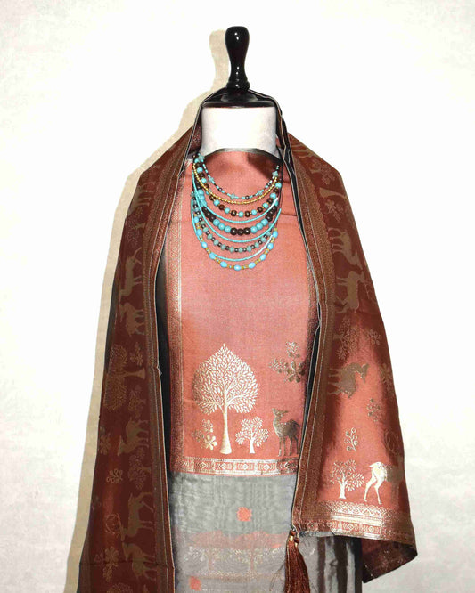 Premium Copper Brown Jacquard Silk Suit Set with Woven Nature Motifs & Designer Dupatta