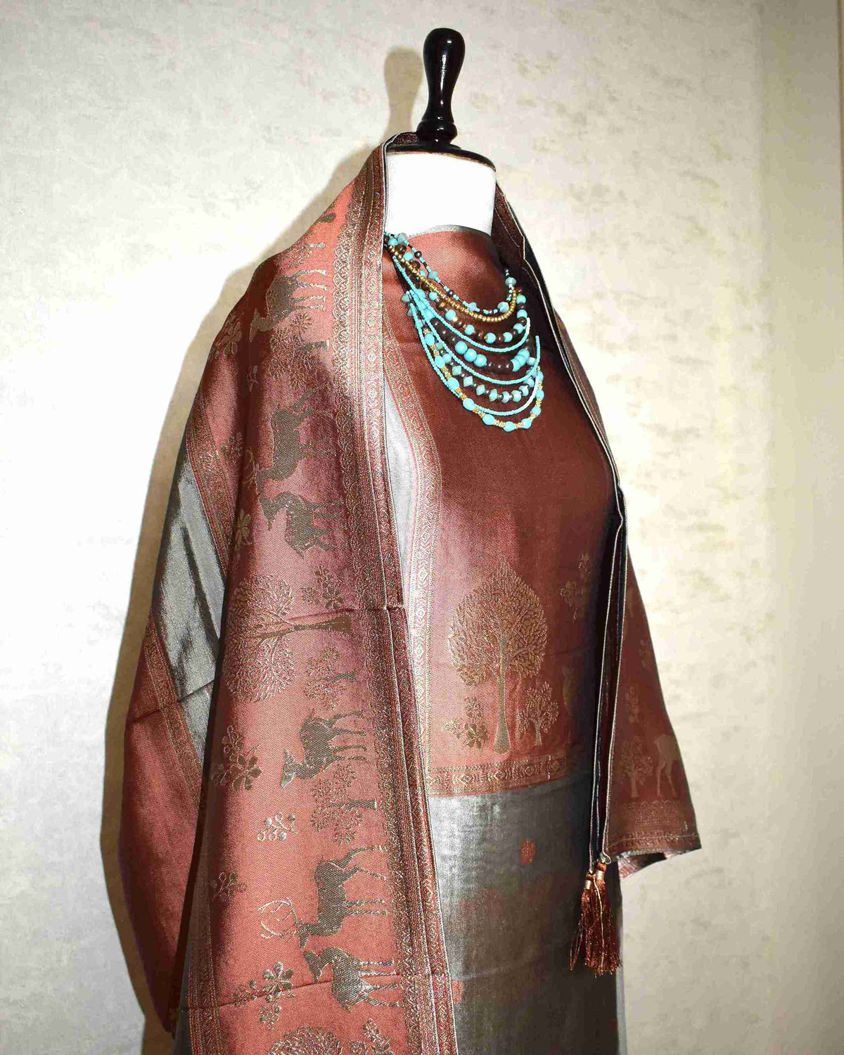Premium Copper Brown Jacquard Silk Suit Set with Woven Nature Motifs & Designer Dupatta