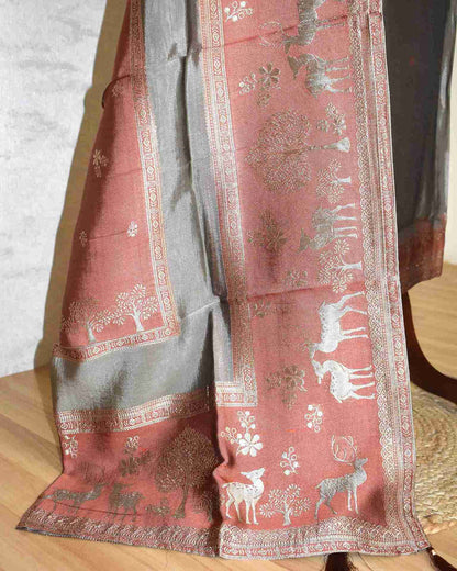 Premium Copper Brown Jacquard Silk Suit Set with Woven Nature Motifs & Designer Dupatta