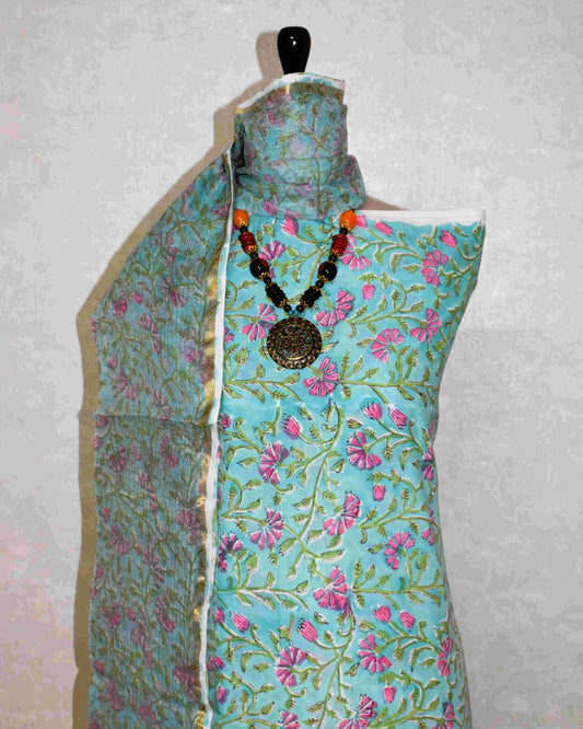 All-over Floral Jaal in Sky Blue Hand Block Printed Cotton Suit with Kota Doria Dupatta