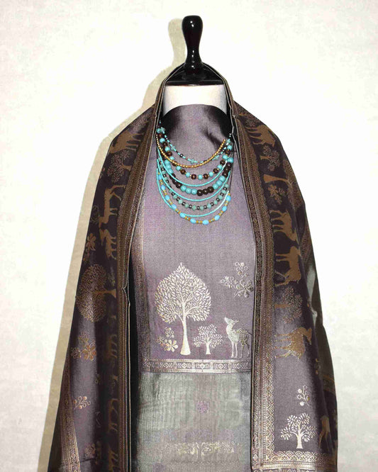 Premium Smoky Lavender Jacquard Silk Suit Set with Woven Nature Motifs & Designer Dupatta