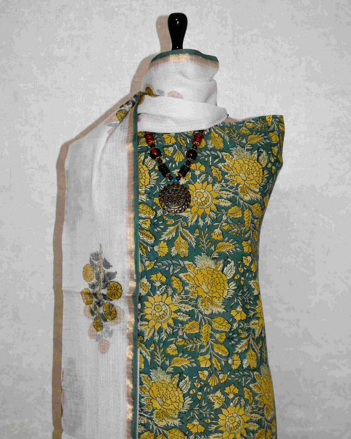 Olive Green All-over Floral Hand Block Printed Cotton Suit With Kota Doria  Dupatta