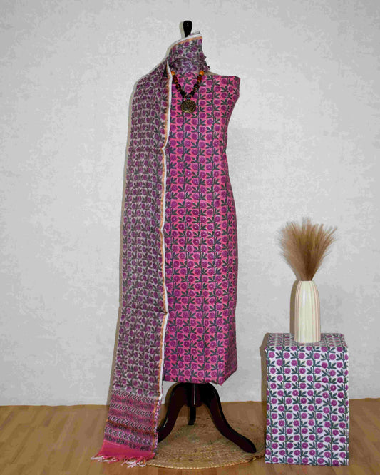 Dusty Pink Floral Trails Hand Block Printed Cotton Suit With Kota Doria  Dupatta