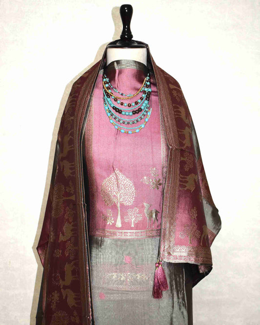 Premium Dusty Rose Jacquard Silk Suit Set with Woven Nature Motifs & Designer Dupatta