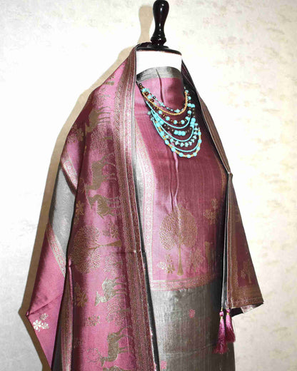 Premium Dusty Rose Jacquard Silk Suit Set with Woven Nature Motifs & Designer Dupatta