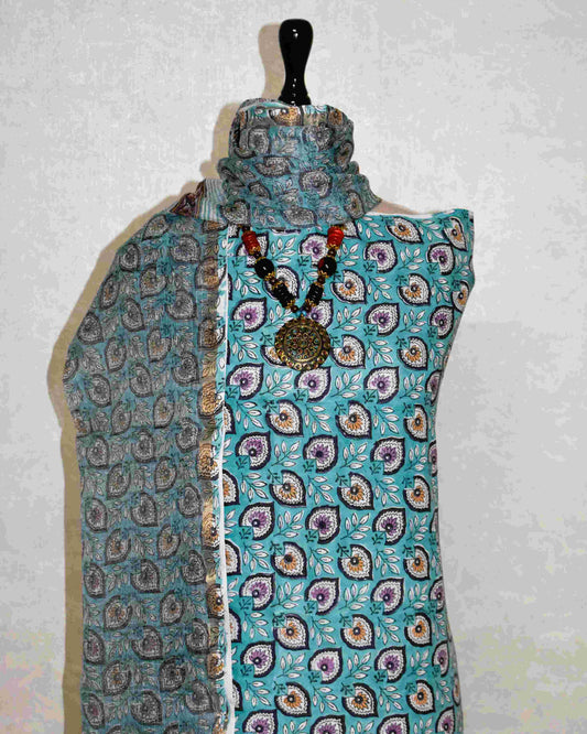 Blue Green Mor Pankh Hand Block Printed Cotton Suit With Kota Doria  Dupatta