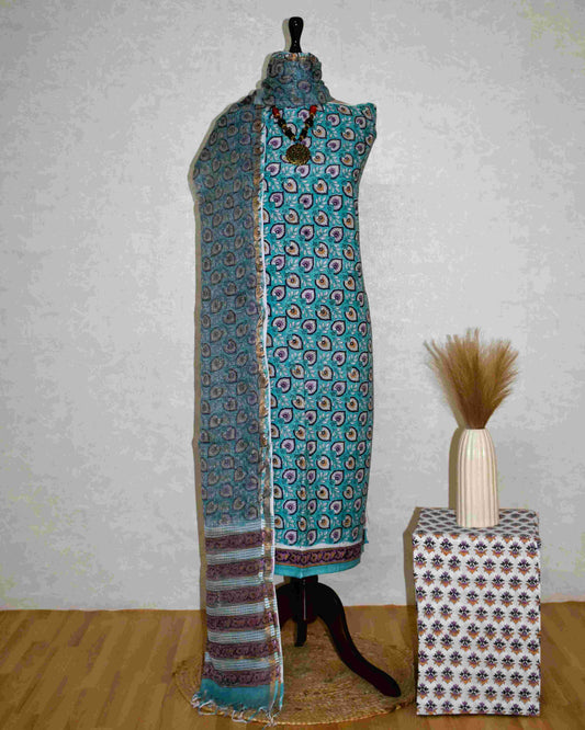 Blue Green Mor Pankh Hand Block Printed Cotton Suit With Kota Doria  Dupatta