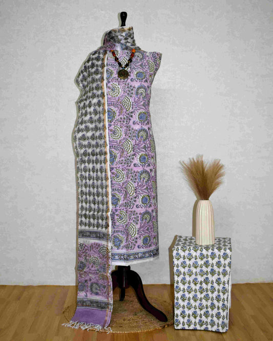 Botanical Jaal in Lavender Hand Block Printed Cotton Suit With Kota Doria  Dupatta