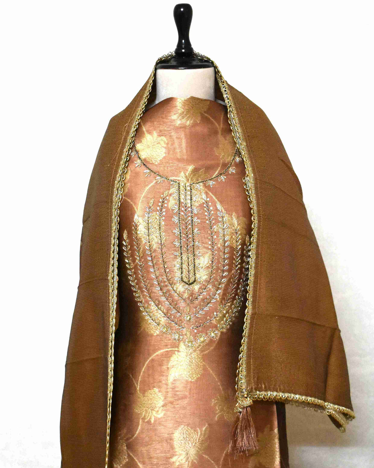 Premium Copper Brown Jacquard Silk Suit Set with Embroidered Neck & Woven Dupatta