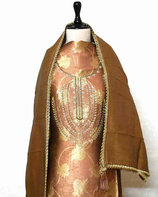 Premium Copper Brown Jacquard Silk Suit Set with Embroidered Neck & Woven Dupatta
