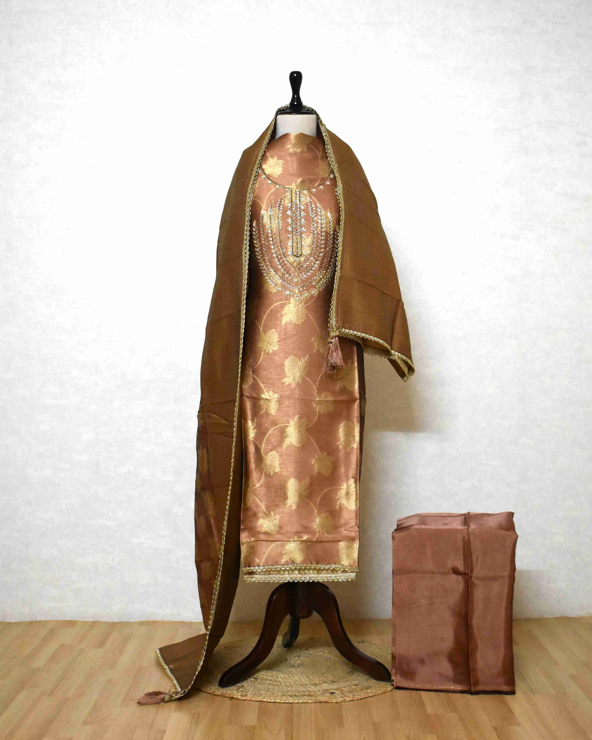 Premium Copper Brown Jacquard Silk Suit Set with Embroidered Neck & Woven Dupatta