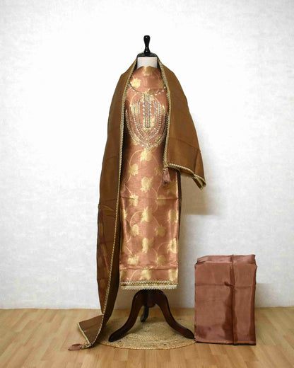 Premium Copper Brown Jacquard Silk Suit Set with Embroidered Neck & Woven Dupatta