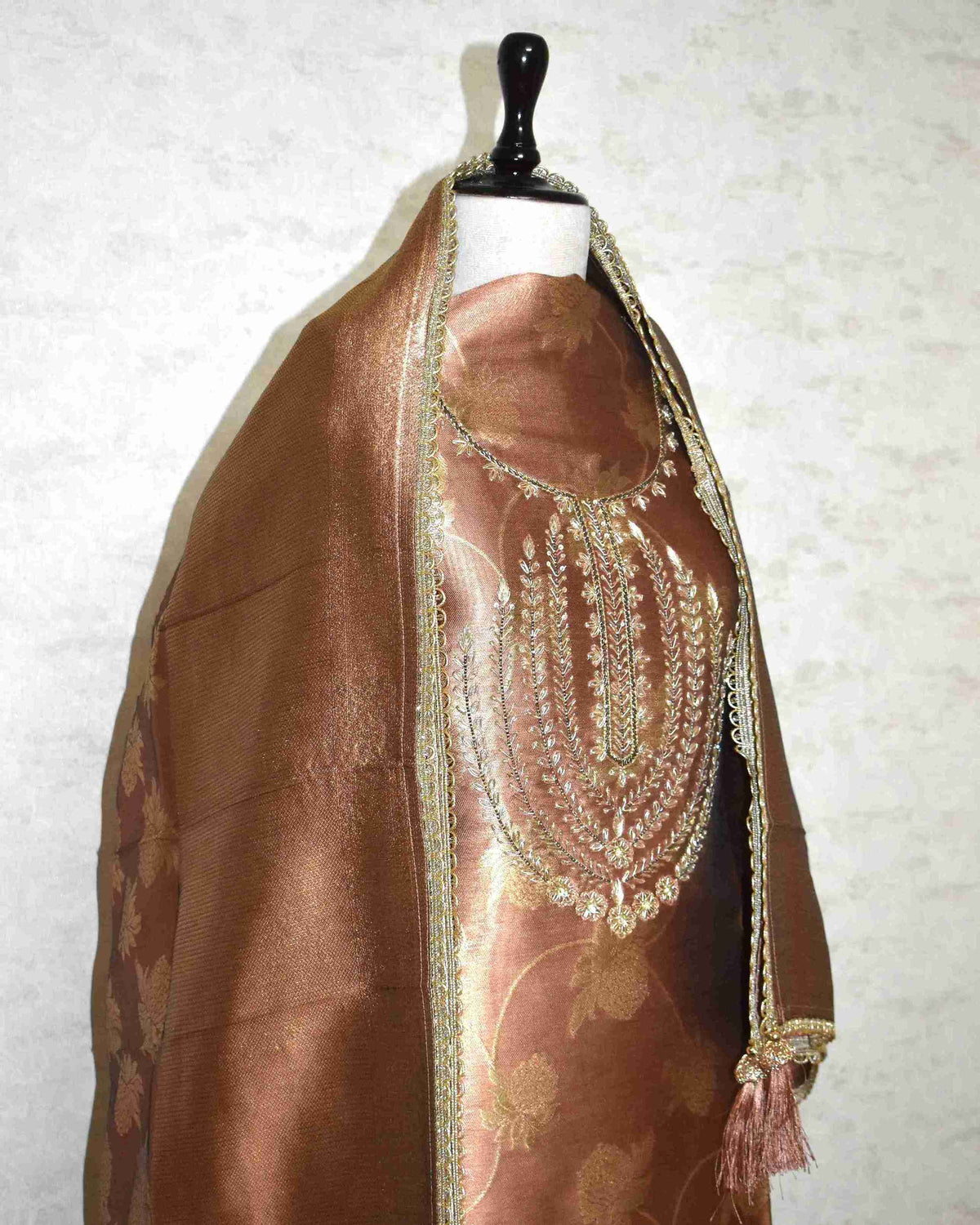 Premium Copper Brown Jacquard Silk Suit Set with Embroidered Neck & Woven Dupatta