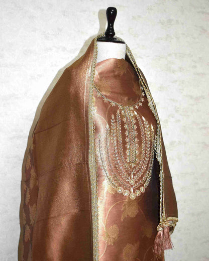 Premium Copper Brown Jacquard Silk Suit Set with Embroidered Neck & Woven Dupatta