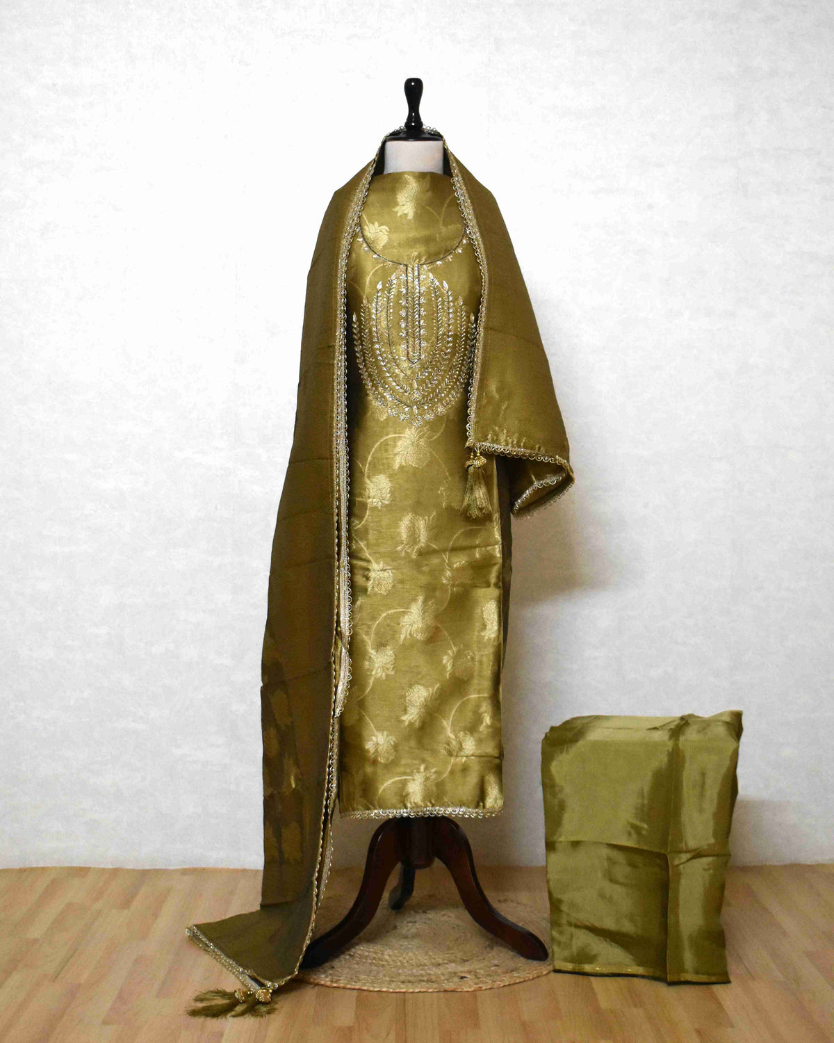 Premium Olive Gold Jacquard Silk Suit Set with Embroidered Neck & Woven Dupatta