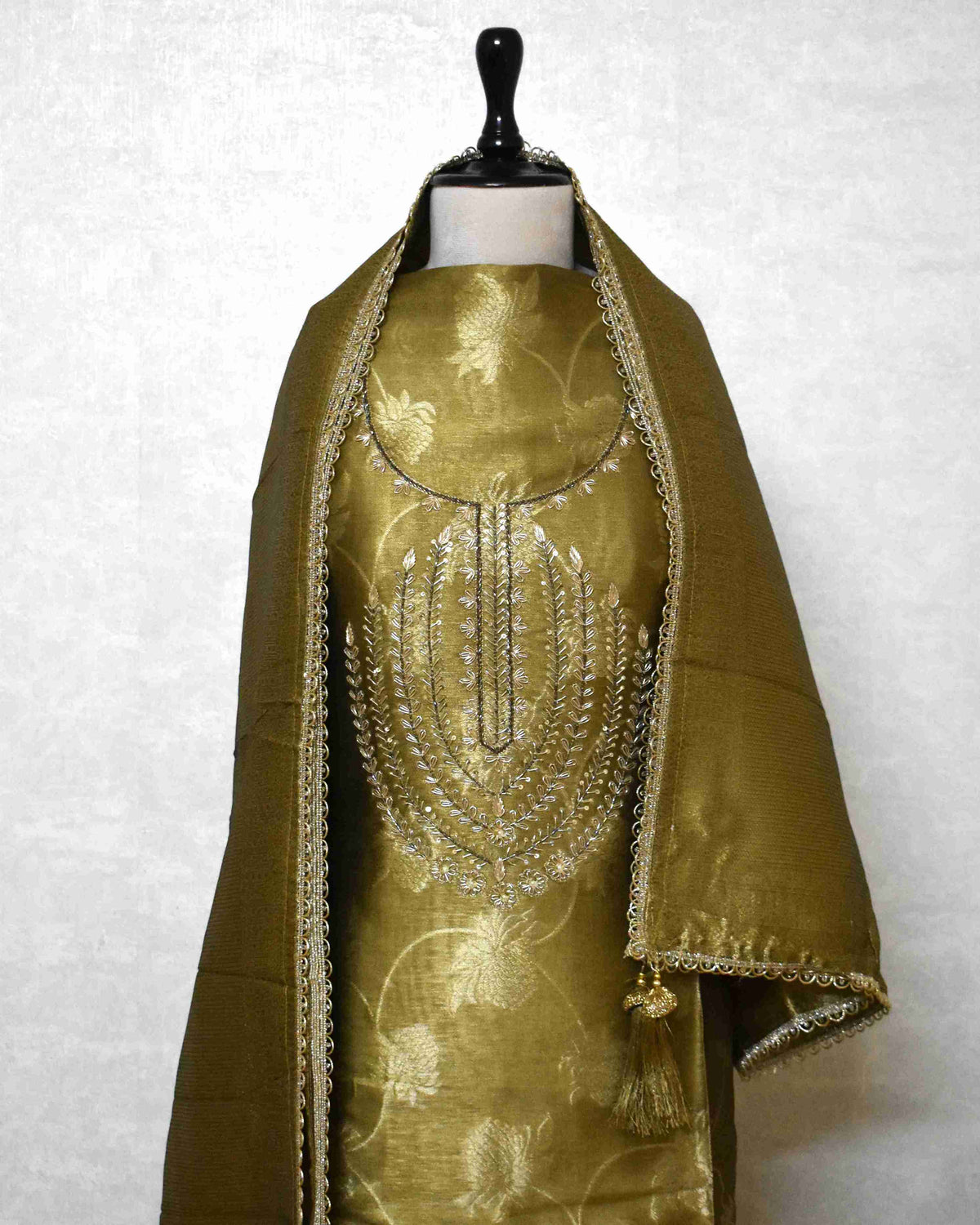 Premium Olive Gold Jacquard Silk Suit Set with Embroidered Neck & Woven Dupatta